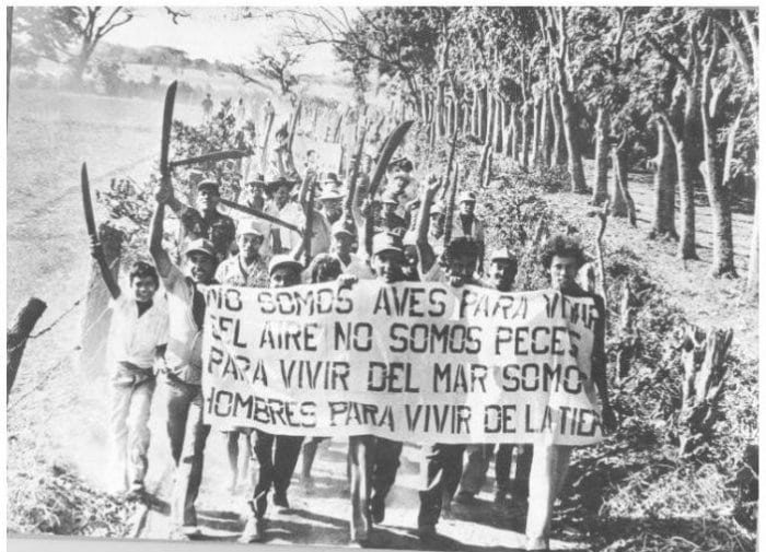 Campesinos con machetes en alto marchan por un camino de tierra detrás de una pancarta