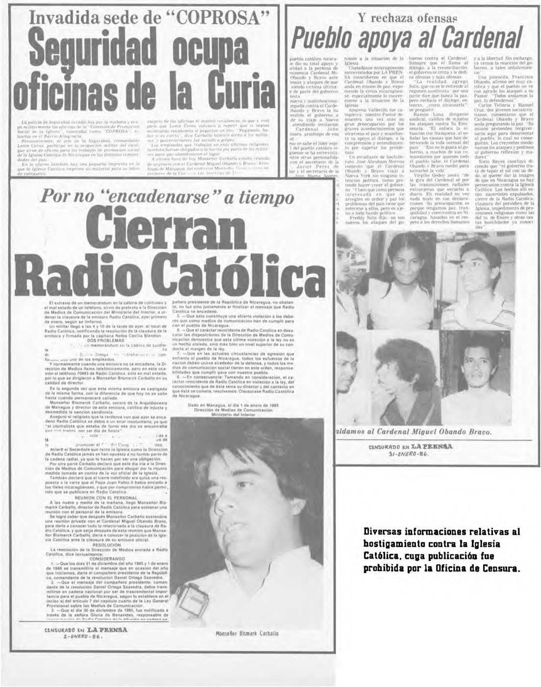 Recortes de La Prensa con los titulares «Seguridad ocupa oficinas de la Curia», «Cierran Radio Católica» y «Pueblo apoya al Cardenal», sellados como censurados