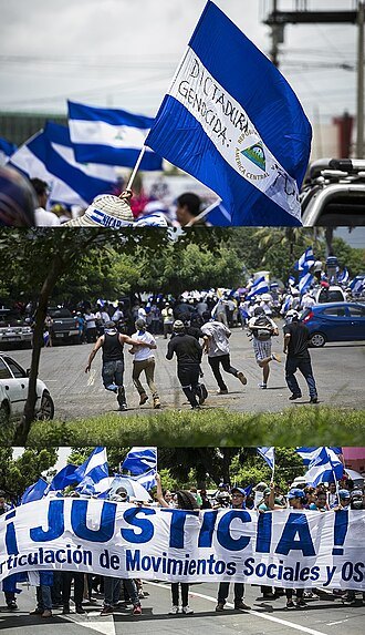 Tres fotografías de manifestantes con banderas azul y blanco y una pancarta que dice «¡Justicia!»
