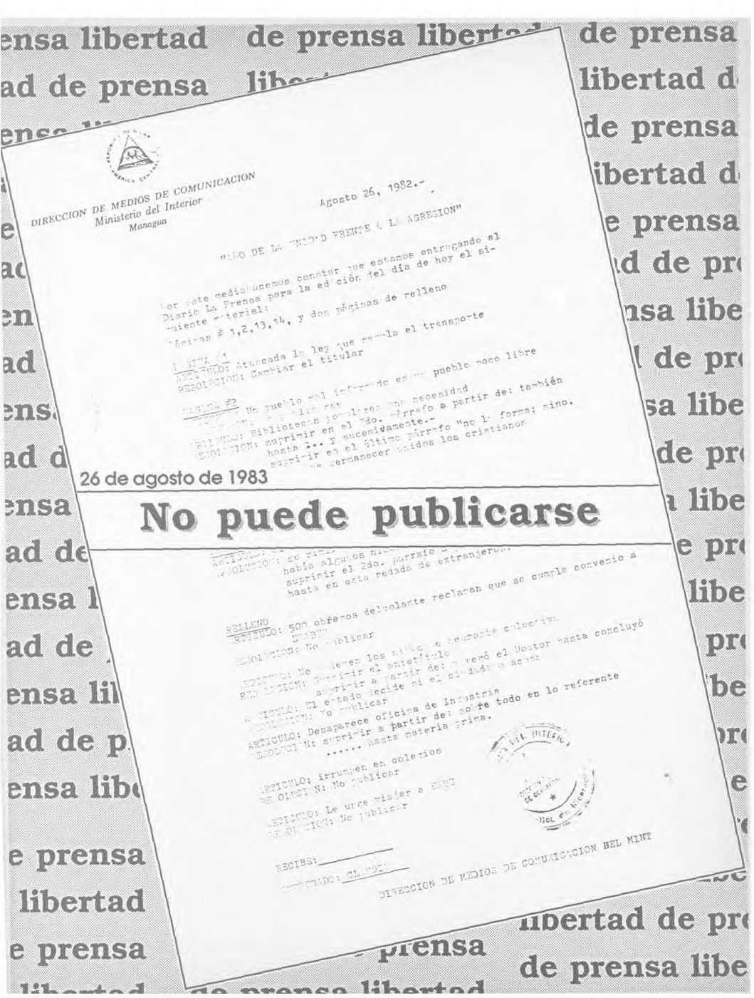 Documento mecanografiado de la Dirección de Medios de Comunicación del Ministerio del Interior con la lista de artículos que no pueden publicarse