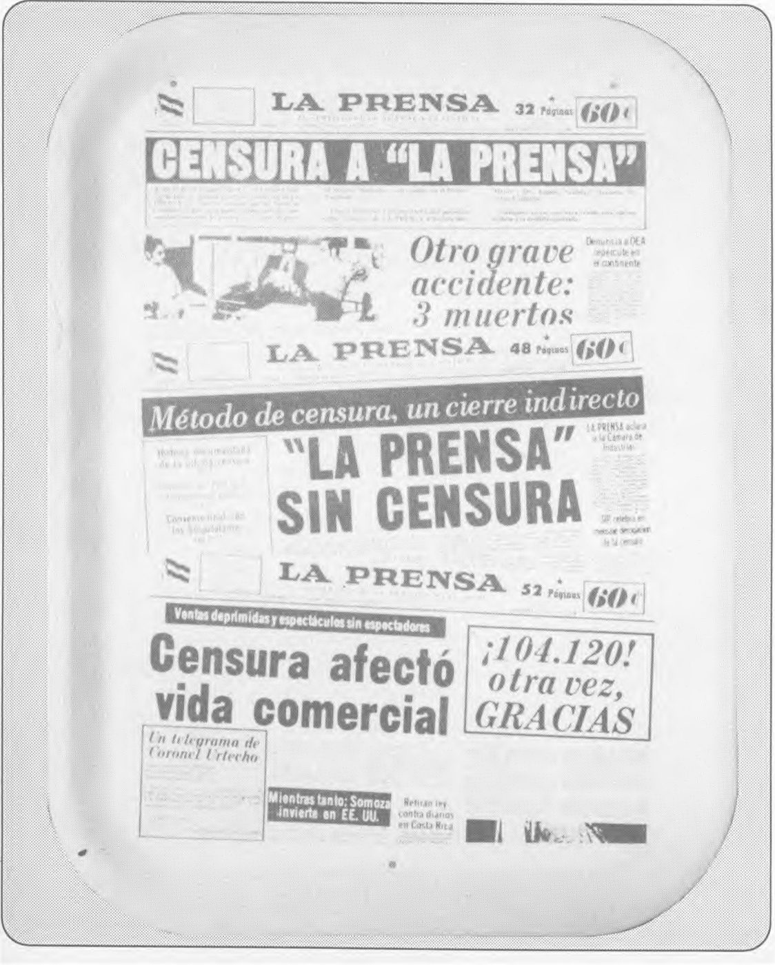 Tres portadas de La Prensa con los titulares «Censura a La Prensa», «La Prensa sin censura» y «Censura afectó vida comercial»