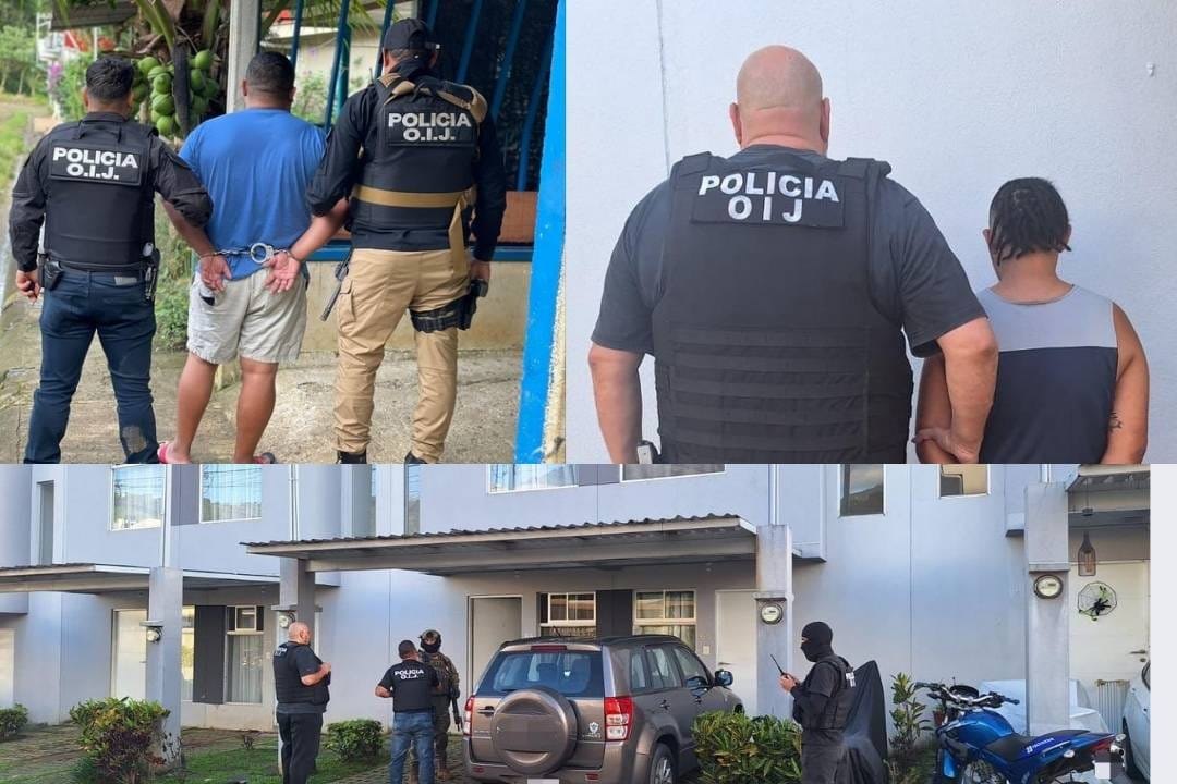 Agentes de la policía costarricense detienen a un hombre; abajo, una vivienda y vehículos
