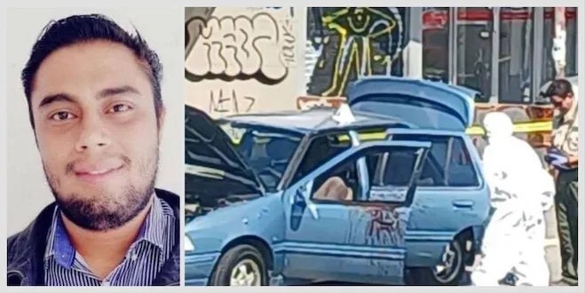 Retrato de Joao Maldonado y fotografía de un automóvil azul en la escena del atentado