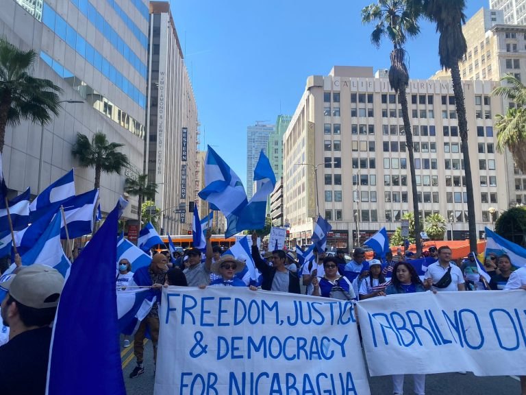 Manifestantes con banderas de Nicaragua y pancartas en inglés en una avenida con edificios altos