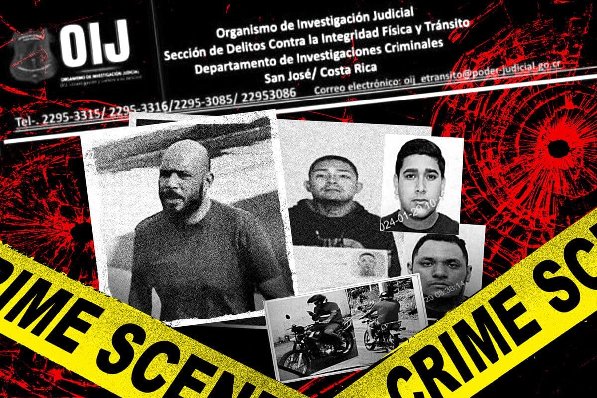 Afiche del Organismo de Investigación Judicial de Costa Rica con fotografías de varios hombres y cinta de escena del crimen