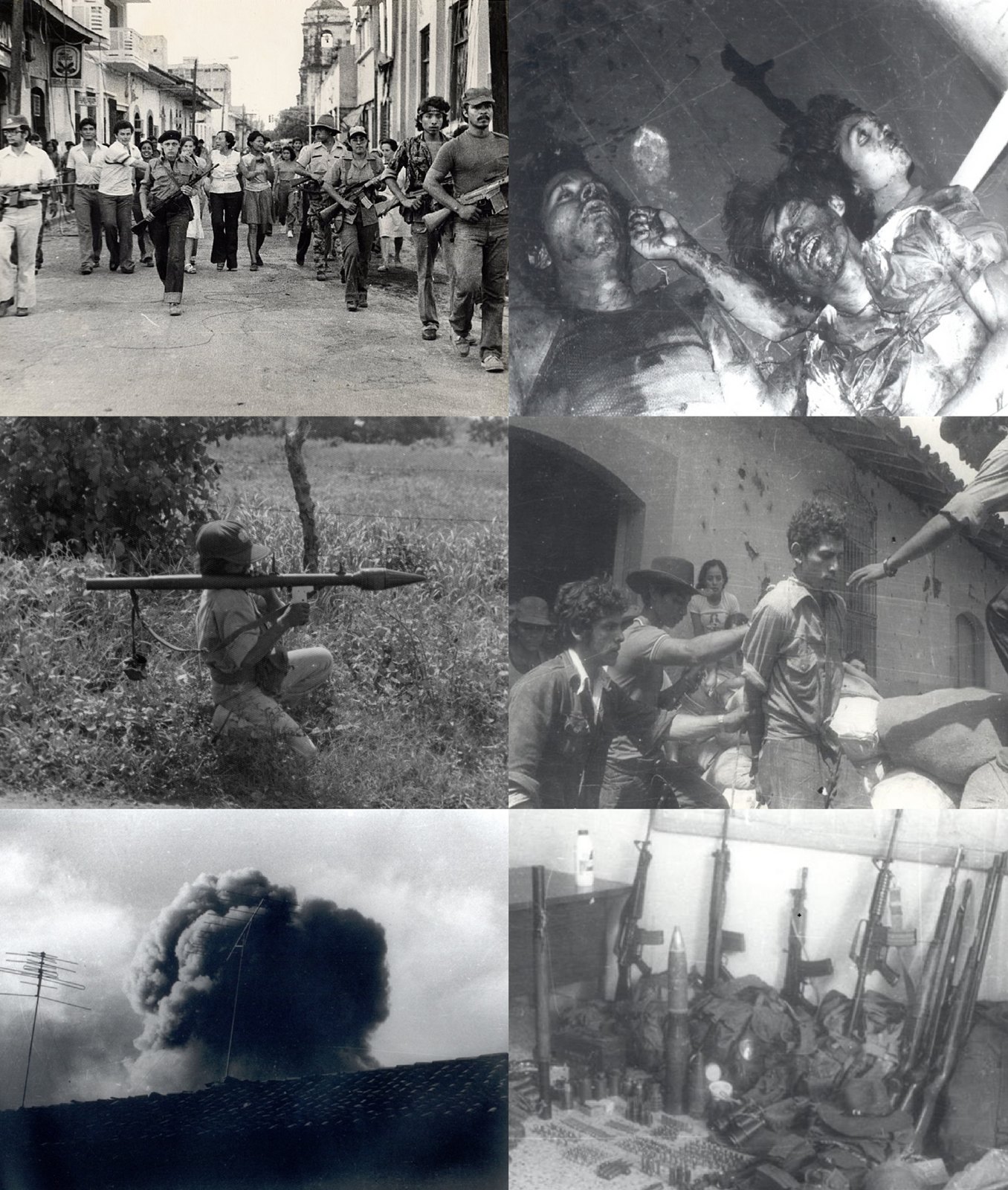 Collage de seis fotografías de archivo: hombres armados, un lanzacohetes, humo y armas