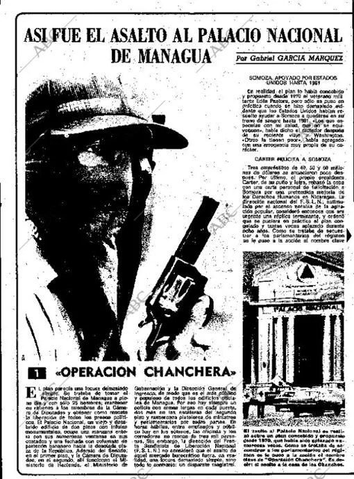 Página de ABC con el titular «Así fue el asalto al Palacio Nacional de Managua» y un guerrillero encapuchado con un revólver